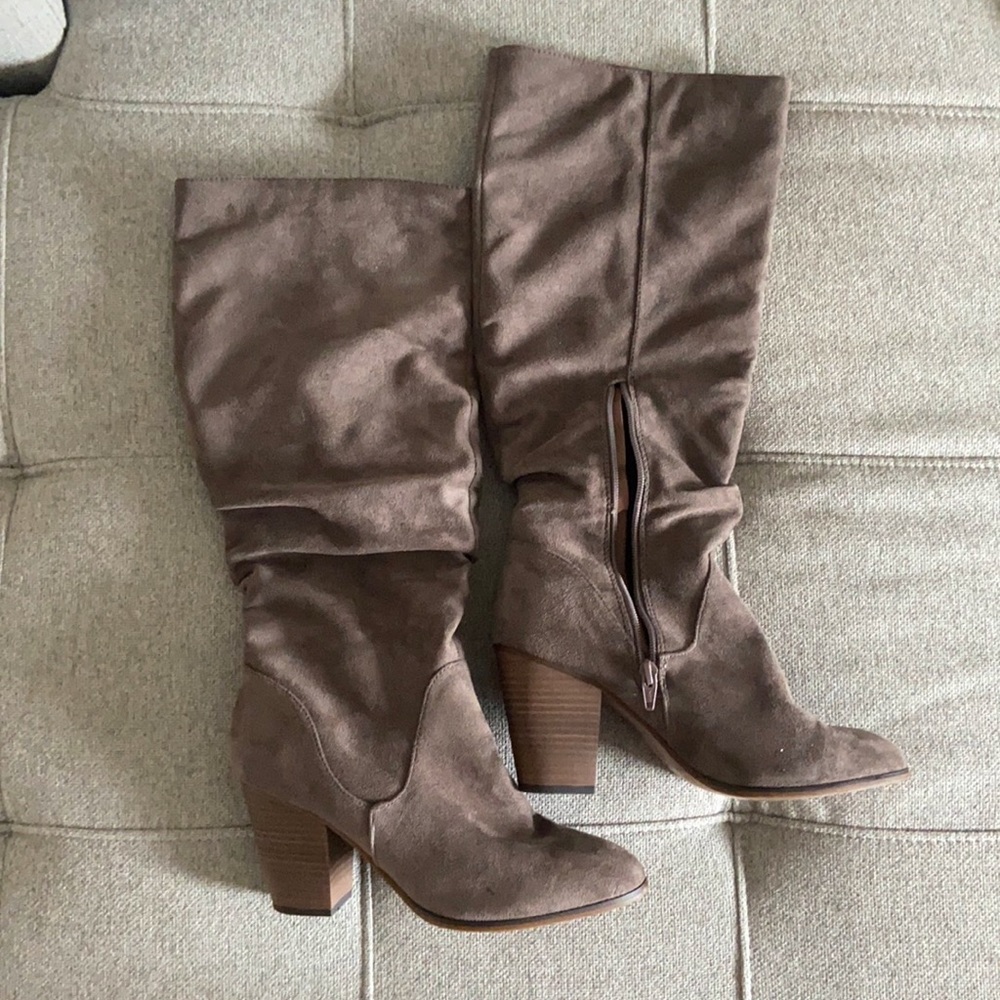 Suede light brown knee high heeled boots